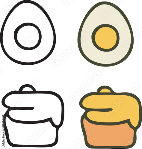 Vector illustration set of boiled egg and cupcake icons.