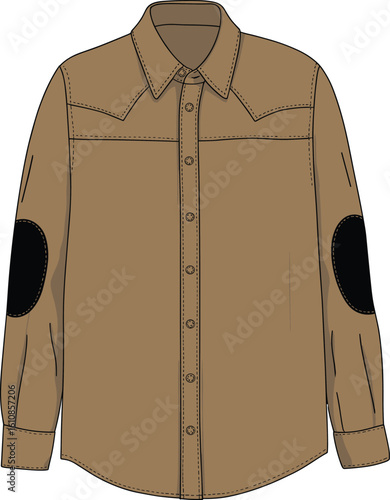 CAD drawing flat vector illustration of brown button-up shirt, black elbow patches, stylish fashion design, detailed garment sketch, clothing template