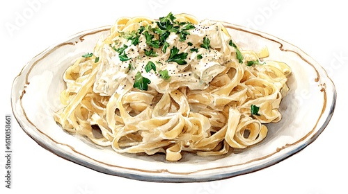 Creamy Fettuccine Alfredo Pasta Dish: Watercolor Illustration, Rustic Style, Appetizing Food Photography