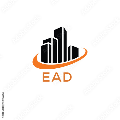 Modern Real Estate Building Logo with Urban Skyline and Orange Arc – EAD Construction or Property Brand Identity.
