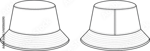 Cad drawing flat vector illustration of bucket hat, front and back view, minimal stitched detail, wide brim design, fashion accessory, headwear template, unisex style.