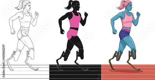 Determined female athlete with prosthetic legs races powerfully on track, inspiring strength and resilience