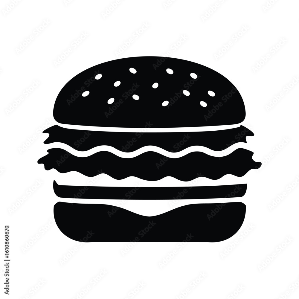 Iconic Black and White Burger Silhouette with Classic Layers and Seeded Bun Iconic Black and White Burger Silhouette with Classic Layers and Seeded Bun