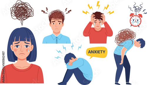 Overwhelmed individuals experiencing stress, anxiety, and mental distress with tangled thoughts and emotional burden