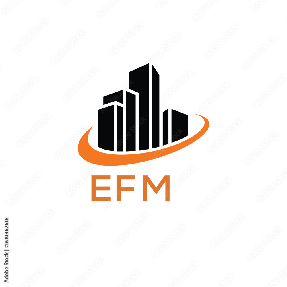 Fototapeta premium Modern Real Estate Building Logo with Urban Skyline and Orange Arc – EFM Construction or Property Brand Identity. 