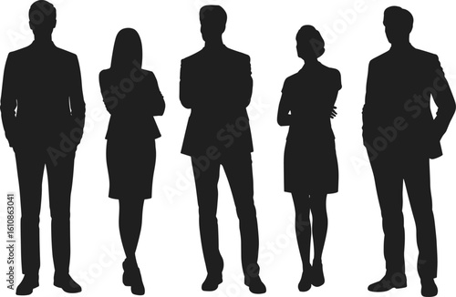 CAD drawing flat vector illustration of business team, five silhouettes, front and side view, standing pose, professional group, people layout, team concept, identity design