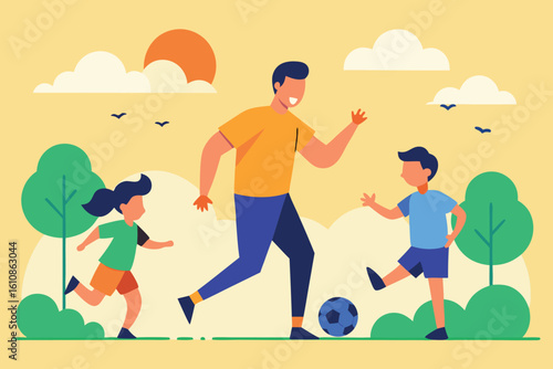 A father is playing soccer with his children in the park