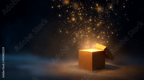 Magical glowing gift box unleashing a cascade of golden sparks and light
