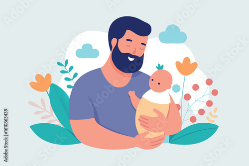 A father is holding his baby with love and happiness in his arms