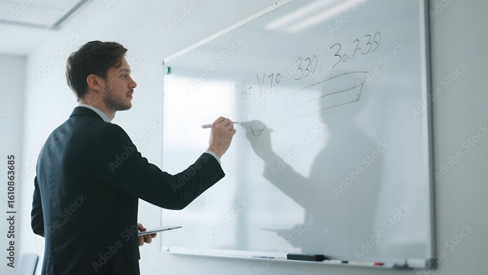 Man in a suit writing mathematical equations on a whiteboard in a classroom setting. Man in a suit writing mathematical equations on a whiteboard in a classroom setting.