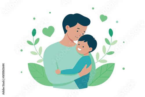 A father lovingly embraces his son in a heartwarming illustration