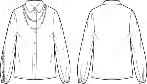 CAD drawing flat vector illustration of button-up shirt with necklace, long sleeves, front chest pockets, classic collar, stylish sketch viewsCAD drawing flat 