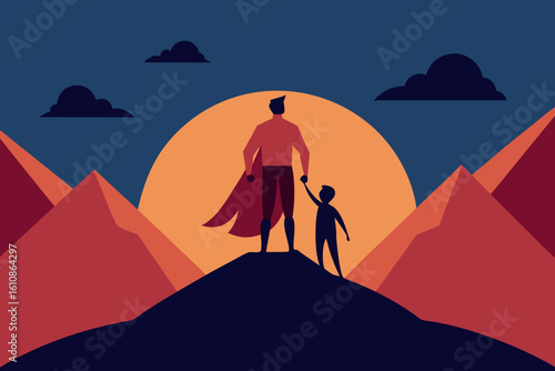 A superhero father and son stand atop a mountain at sunset