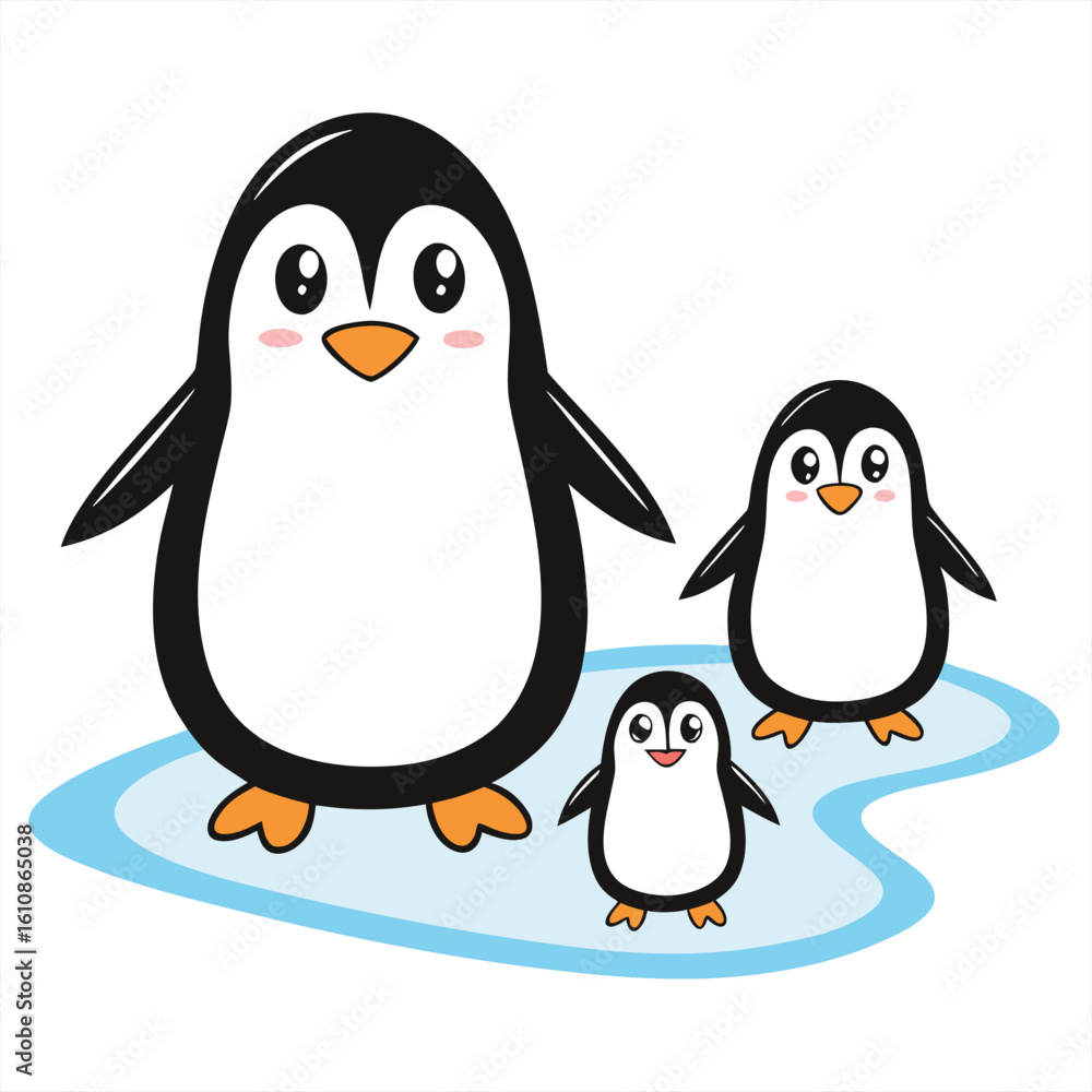 Naklejka premium Penguin family sliding on ice playful style.