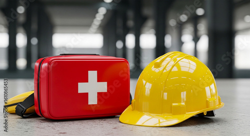 Essential workplace safety equipment, featuring a yellow hard hat and a first aid kit for occupational health and emergency preparedness.