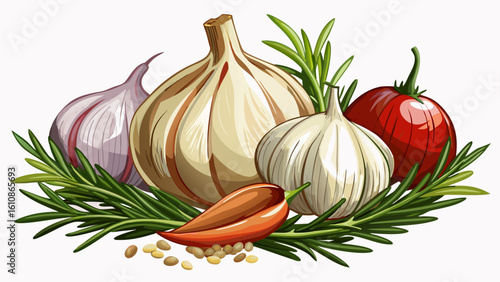 very Beautiful  close up Garlic, rosemary and pepper white background