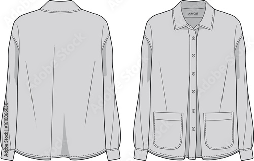 CAD drawing flat vector illustration of button-up shirt, double chest pockets, pointed collar, long sleeves, fashion garment layout sketch viewsCAD 