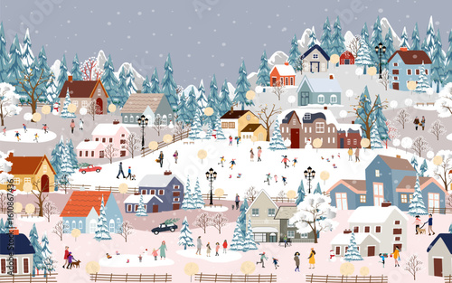 Seamless Winter landscape,Celebrating Christmas,New Year 2026,Night sky,Star with happy people playing ice skate in city park,Vector illustration horizontal seamless pattern banner winter wonderland
