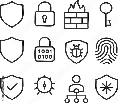 Cyber security shield lock firewall key fingerprint data protection network safety icons set for digital security