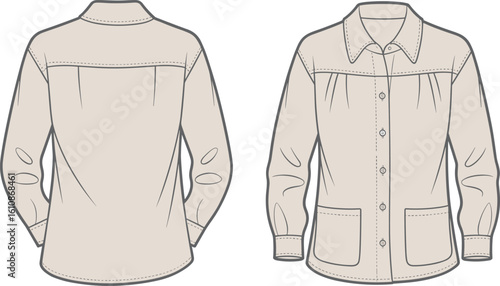 CAD drawing flat vector illustration of button-up shirt, pleated back yoke, pointed collar, chest pockets, stylish garment sketch layout viewsCAD 