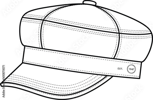 Technical flat sketch of a unisex cadet cap with curved visor, structured panel construction, topstitching details, and embroidered logo, isolated on white background

.
