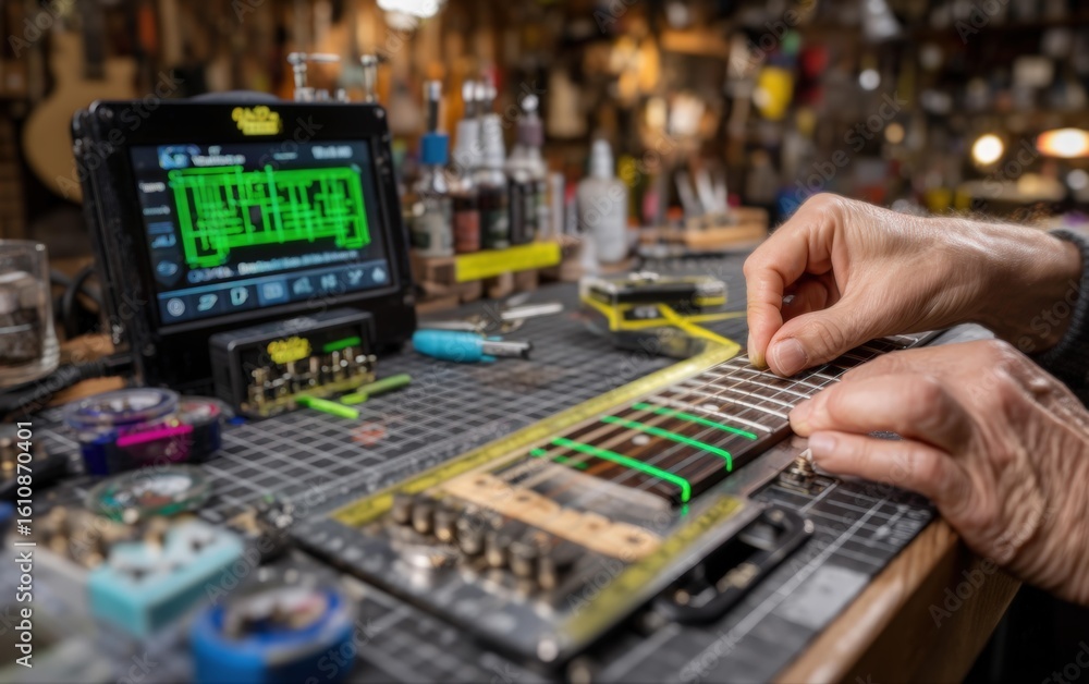 Obraz premium Final Guitar Setup Station Technician's Hands Adjusting Frets Displaying Detailed Readings on a Monitor, Craftsmanship at Work