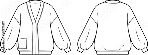  Trendy oversized V-neck cardigan flat sketch illustration, front and back views, featuring voluminous sleeves and functional patch pocket, ideal apparel design for cozy layering.