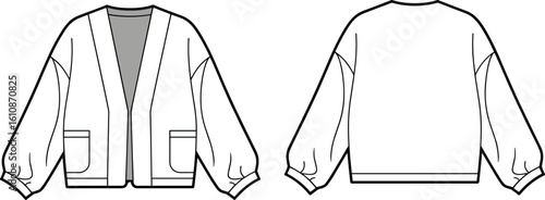 Stylish oversized cardigan jacket flat sketch illustration, front and back views, featuring voluminous sleeves and patch pockets, ideal apparel design for trendy layering and casual wear.