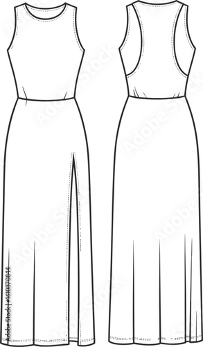  Trendy women's sleeveless maxi dress flat sketch illustration, front and back views, featuring a high side slit, ideal apparel design for casual or elegant summer fashion.