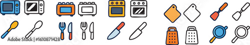 Illustration of kitchen appliances and utensils, including microwave, oven, toaster, cutlery, and cooking tools.