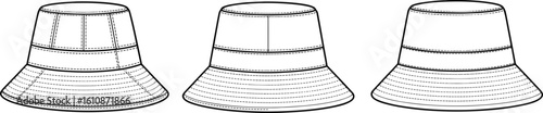 Detailed bucket hat technical fashion flat sketch illustration, multiple angles, showing stitching, crown, and brim construction, perfect for apparel design templates and accessory mockups.