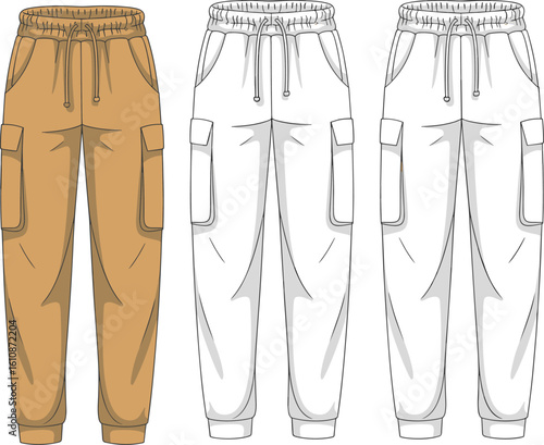 CAD drawing flat vector illustration of cargo jogger pants, colored and outlined versions, elastic waistband, drawstring closure, thigh pockets, stylish streetwear layout, garment template