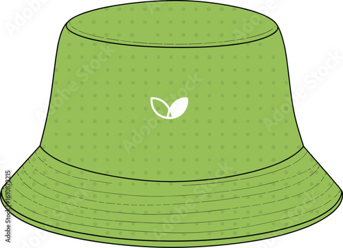 Stylish green bucket hat vector illustration, featuring a subtle dot pattern and clean minimalist leaf logo, perfect for trendy apparel and accessory designs with a natural aesthetic.