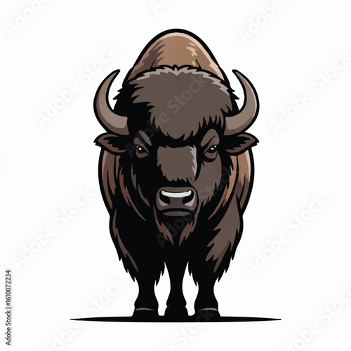 Majestic Bison Illustration Front View Wild Animal Graphic Design Wildlife Art Digital Artwork North American Mammal Plains Buffalo Vector Image Brown Fur.Resizeable And Editable