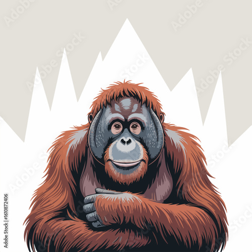 Orangutan Portrait with Mountain Background Endangered Species Conservation Effort Wildlife Illustration Graphic Design Resource Animal Art Print.Resizeable And Editable