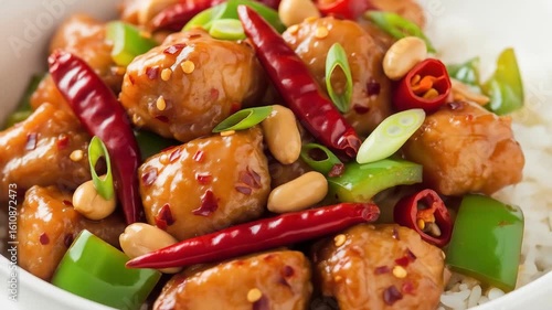 Spicy kung pao chicken with peanuts and chili peppers a classic chinese stir fry dish