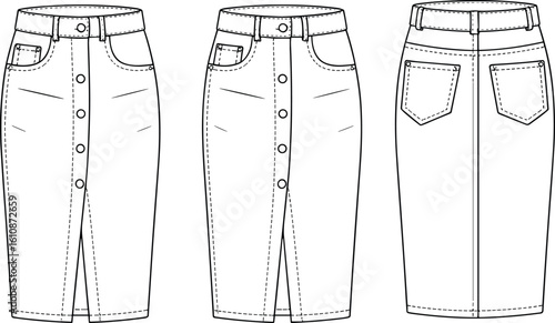  Stylish denim midi pencil skirt flat sketch fashion illustration, multiple views, featuring button-front, pockets, and belt loops, versatile apparel design for modern women's fashion.