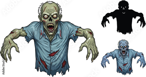 Terrifying zombie character with outstretched arms and menacing expression, ready to scare