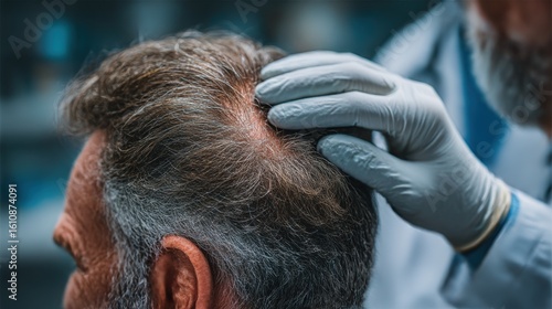 Doctor examines scalp of man with alopecia during consultation for hair restoration treatment in medical clinic setting