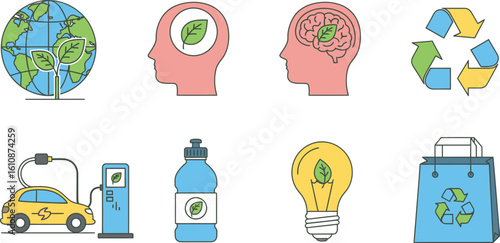 Embrace sustainability with eco-friendly icons representing a green planet and conscious choices.