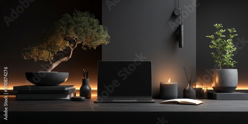 Zen Workspace Featuring Bonsai and Candlelight