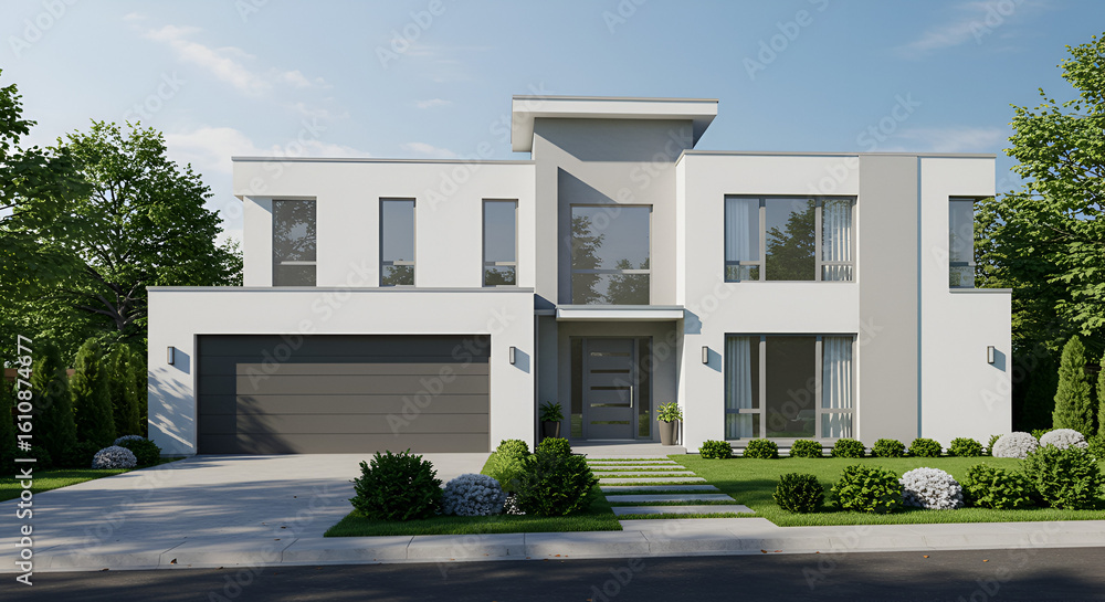 Fototapeta premium Exterior view of a modern two-story residential house with minimalist design