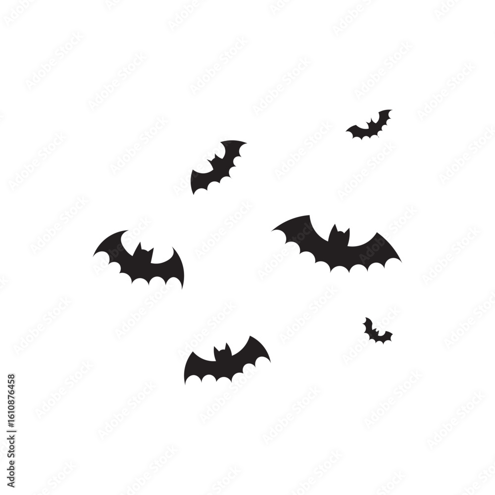 Fototapeta premium Swarm on flying bat silhouette. Scattered bat silhouettes in flight across white space.