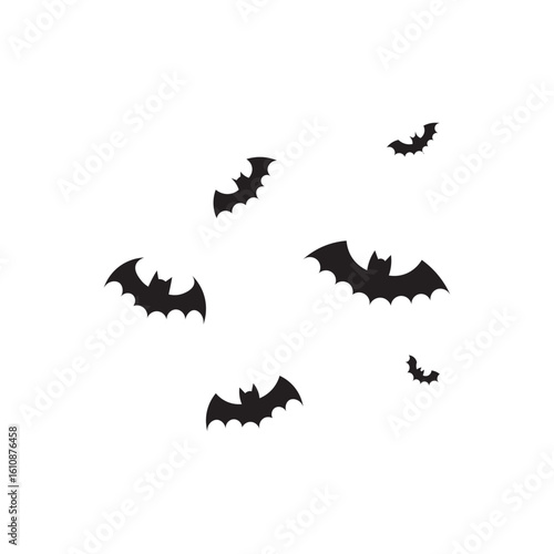 Swarm on flying bat silhouette. Scattered bat silhouettes in flight across white space.