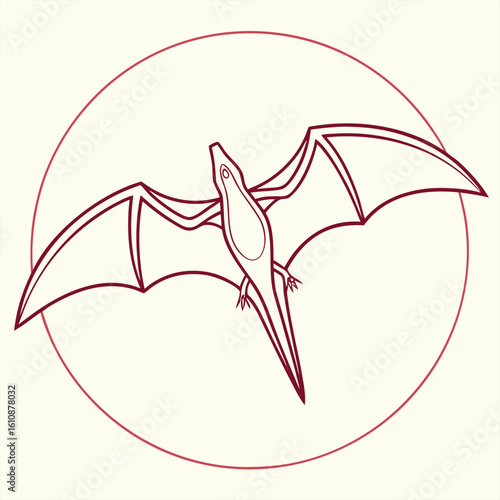 Monoline pterodactyl flying against moon.