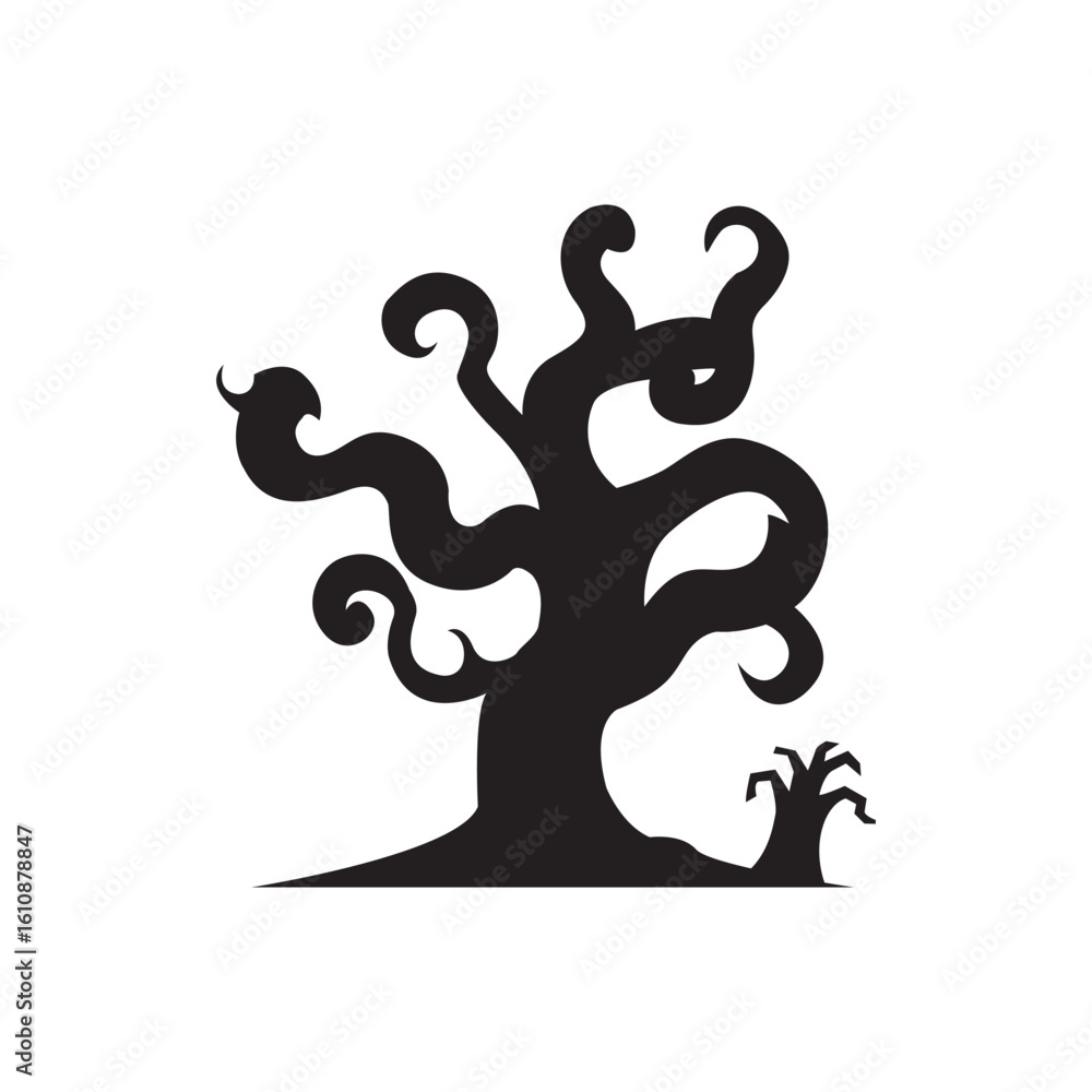 Obraz premium Curly enchanted oak silhouette. Whimsical silhouette of curling branches with lone sapling.