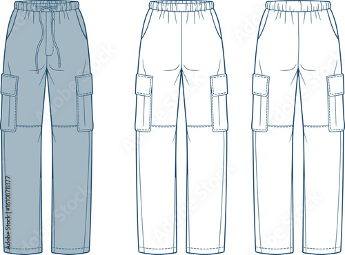 CAD drawing flat vector illustration of cargo pants, front and back views, elastic waistband, flap pockets, drawstring closure, fashion design template, technical clothing sketch, garment layout