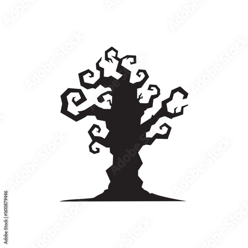 Barren Gnarled Tree Silhouette. Spindly branches twist over bare ground in stark black.