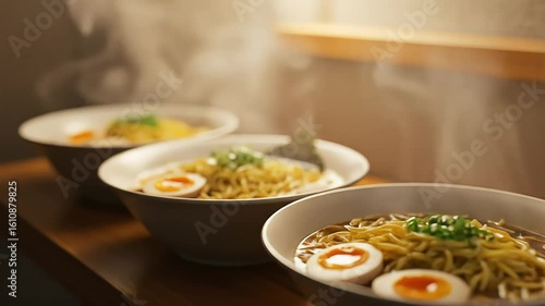 Delicious bowls of steaming ramen with soft-boiled eggs and green onions on a wooden shelf