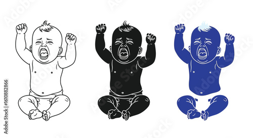 Adorable crying baby with arms raised in distress, captured in three distinct graphic styles